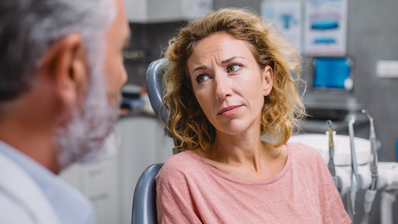 Diş beyazlatma yan etkileri hakkında bilgi alan endişeli yetişkin ve diş hekimi klinik ortamında, dental araçlar ve sağlık çizelgeleriyle sohbet ediyor.