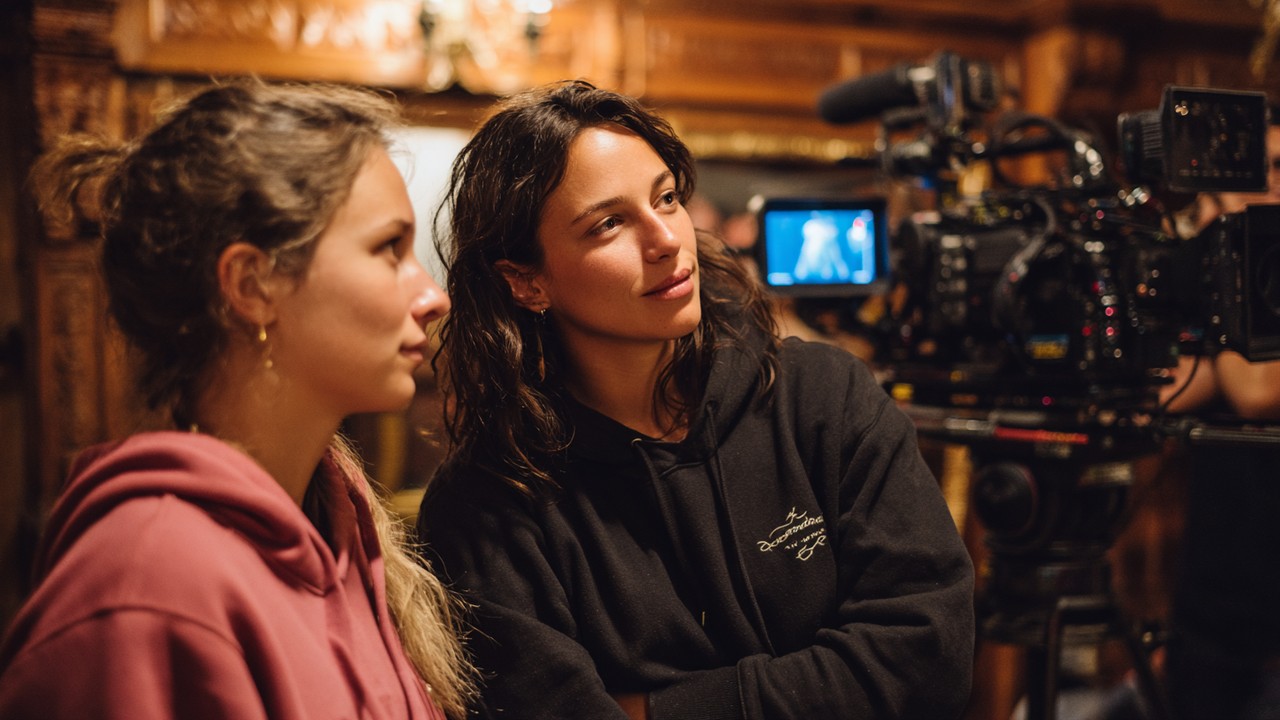 Genç kadın film yapımcısı, deneyimli kadın yönetmene set ortamında mentorluk ve ilham verirken, kamera ve ekipmanlar eşliğinde.