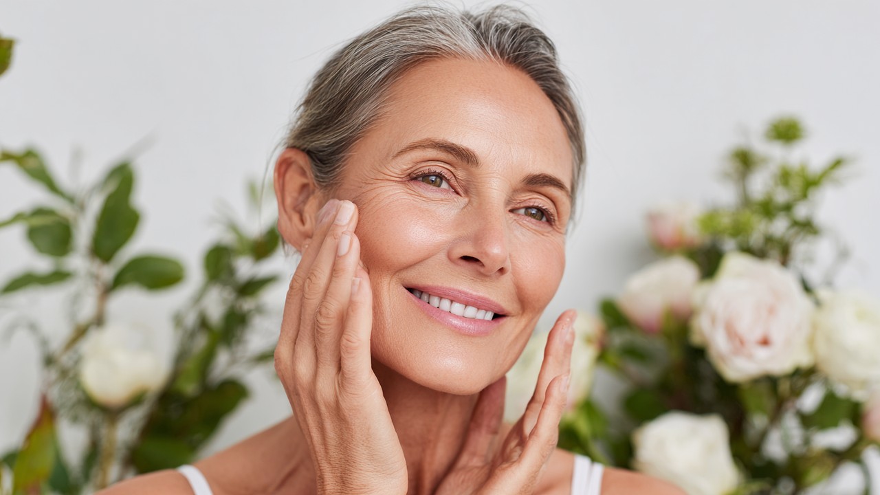Genç ve pürüzsüz ciltli orta yaşlı kadın, doğal ortamda cilt serumu uygularken, anti-aging ve cilt bakımını vurgulayan görüntü.