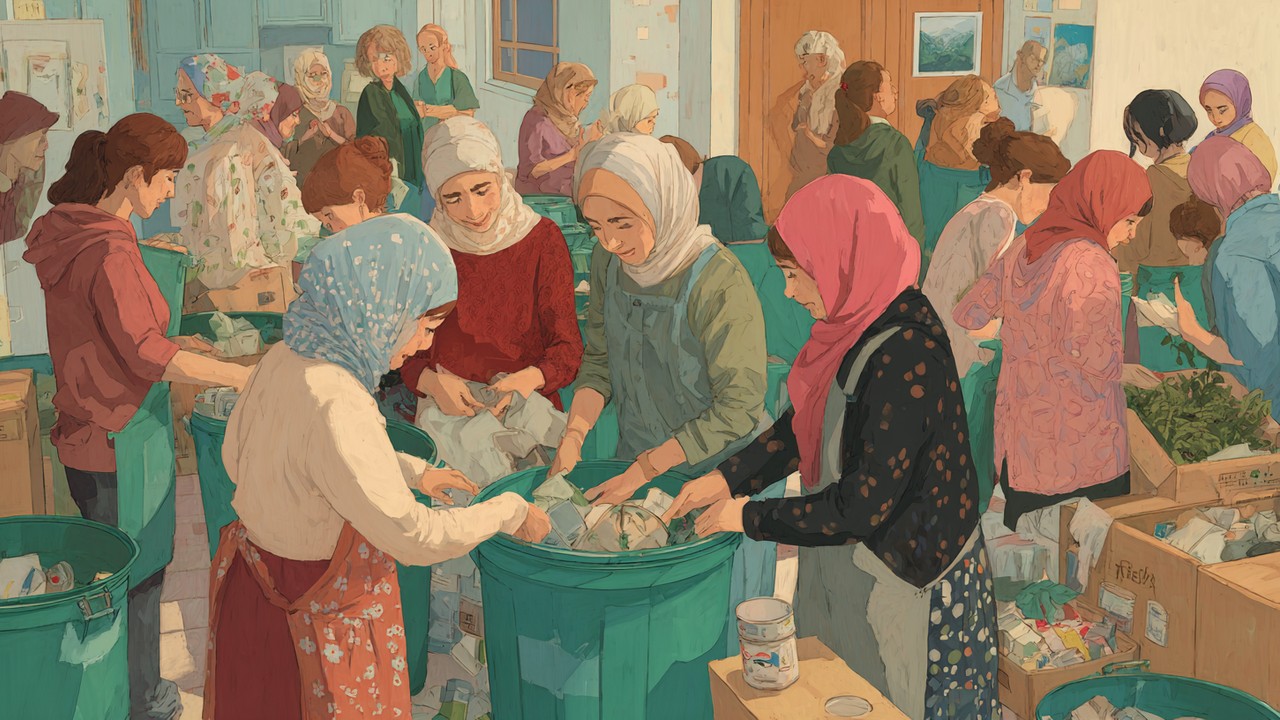 İç mekanda geri dönüşüm kutuları ve kompost malzemeleriyle aktif katılım sağlayan çeşitli Türk kadınlarının yer aldığı sıfır atık atölyesi, çevre bilinci ve topluluk ruhunu yansıtıyor.