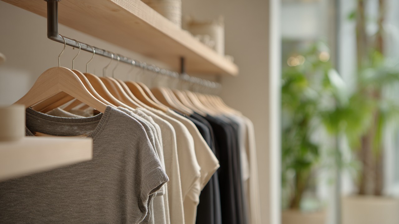 Modern butik ortamında ahşap askılarda düzenlenmiş, nötr tonlarda minimalist kadın giyim kapsül koleksiyonu.