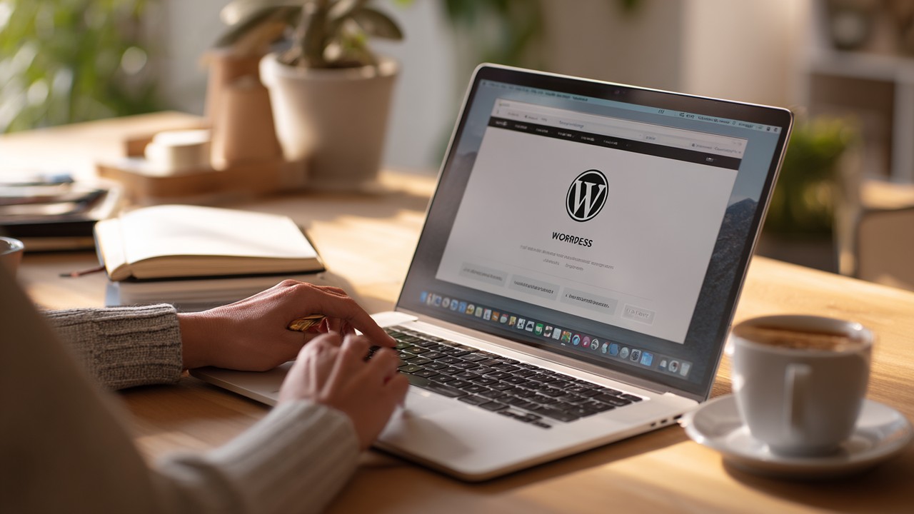 Modern çalışma alanında, WordPress panelini gösteren dizüstü bilgisayar ve odaklanmış kişi, temiz masa ve doğal ışıkla.