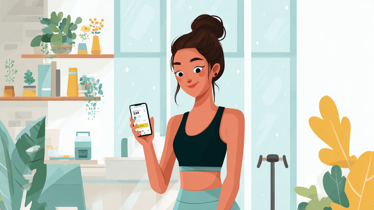 Modern ev ortamında sağlık takibi yapan genç kadın, akıllı telefon uygulamasıyla sağlıklı yaşamı destekliyor.