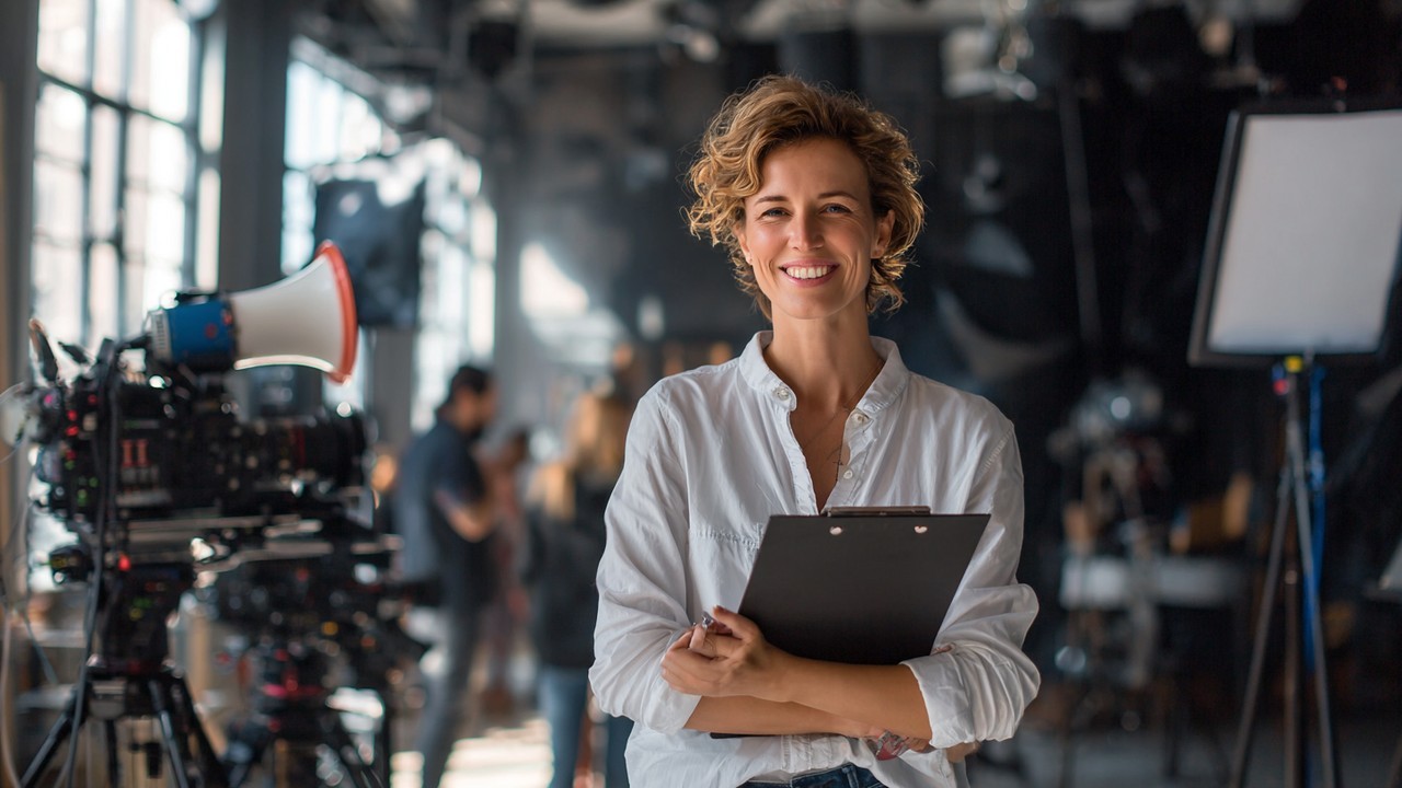 Modern film setinde, megafon ve dosya tutan kendine güvenen kadın yönetmen, kamera ve ekipmanlarla profesyonel ortamda.