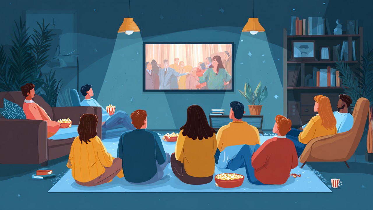 Modern oturma odasında büyük ekran TV'de film izleyen çeşitli insanlar, patlamış mısır ve rahat ortam, dijital platformlar ve film erişimi