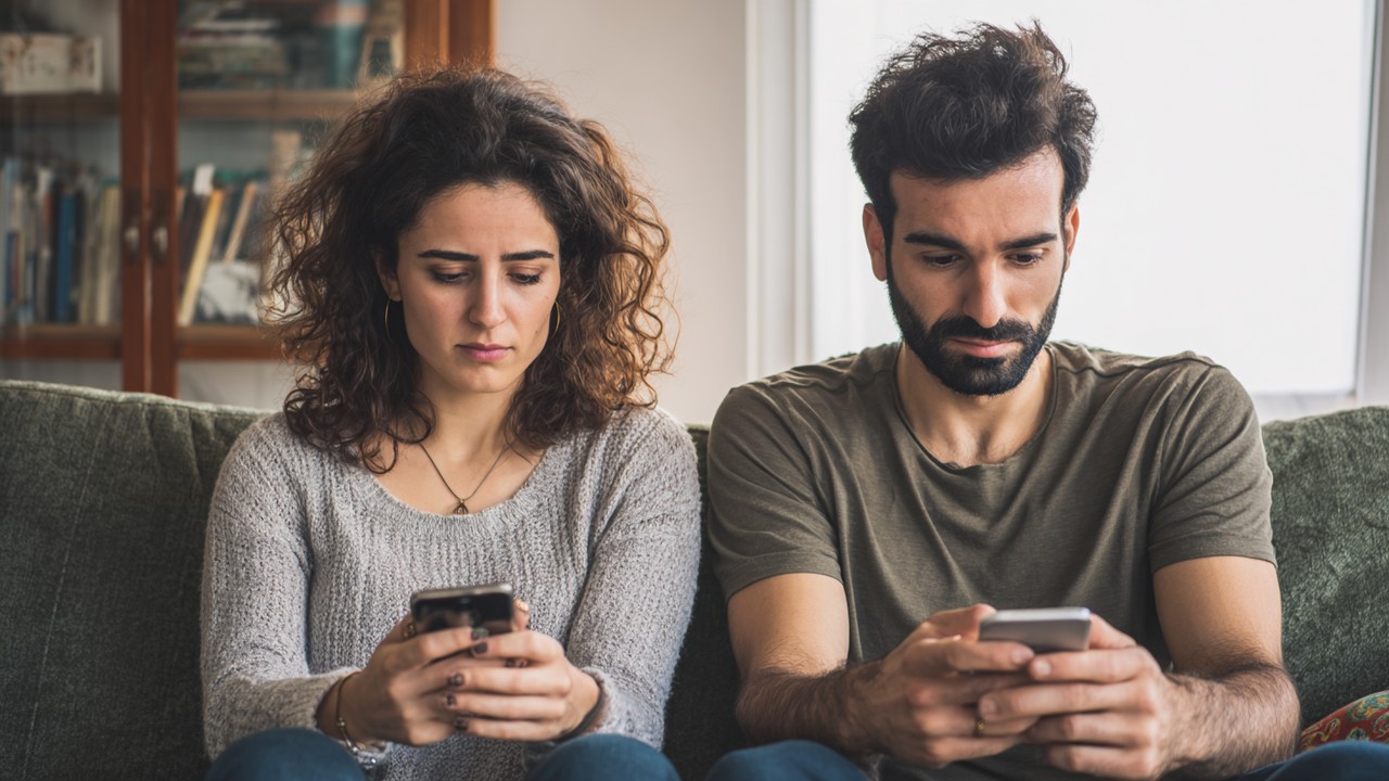 Modern Türk çifti, kanepeye oturmuş, her biri akıllı telefon kullanırken, iletişim ve teknoloji etkisini gösteren samimi an.