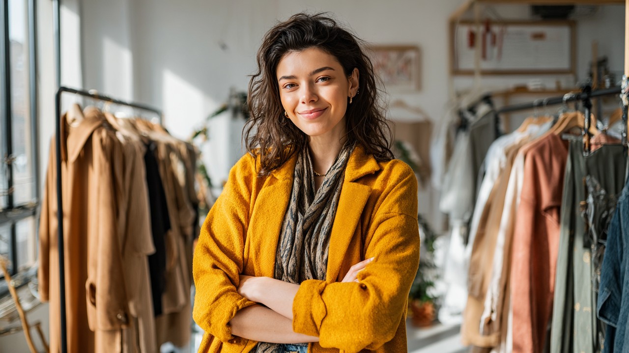 Modern Türk kadın, aydınlık minimalist gardırop ortamında şık ve kendinden emin duruyor, günlük moda ve kıyafet düzeni.