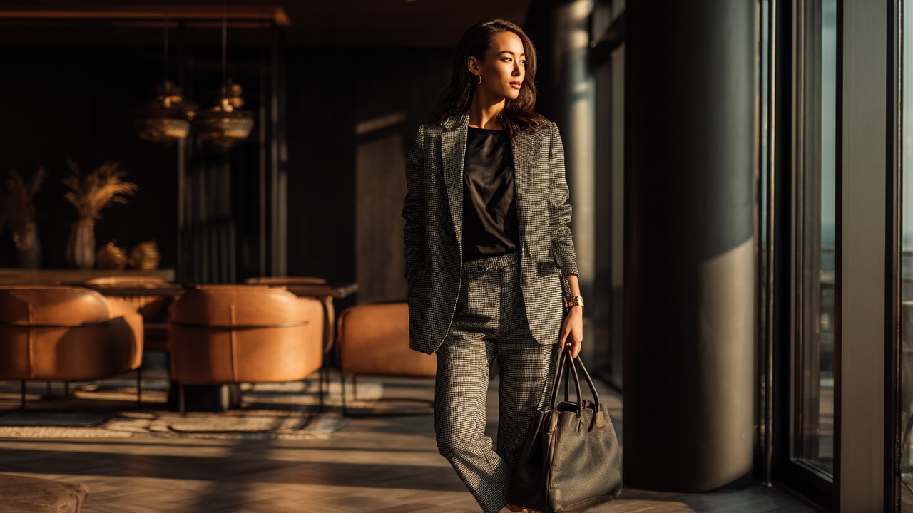 Modern Türk kadın profesyonel ofis ortamında, şık blazer ve gömlek giymiş, güvenle duruyor.