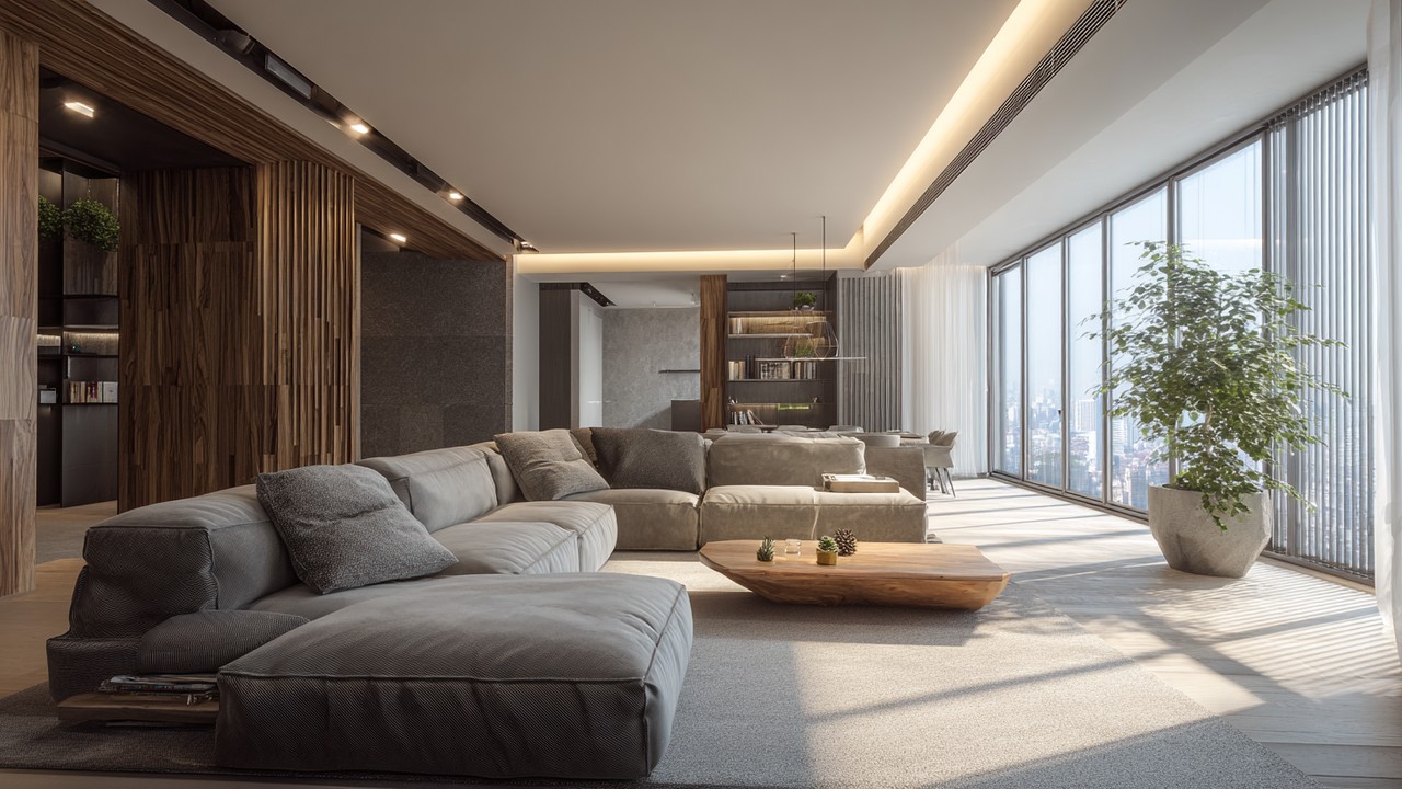 Modern Türk oturma odası, minimalist tasarım, doğal ışık alan büyük pencereler, şık ergonomik mobilyalar ve teknolojik detaylar.