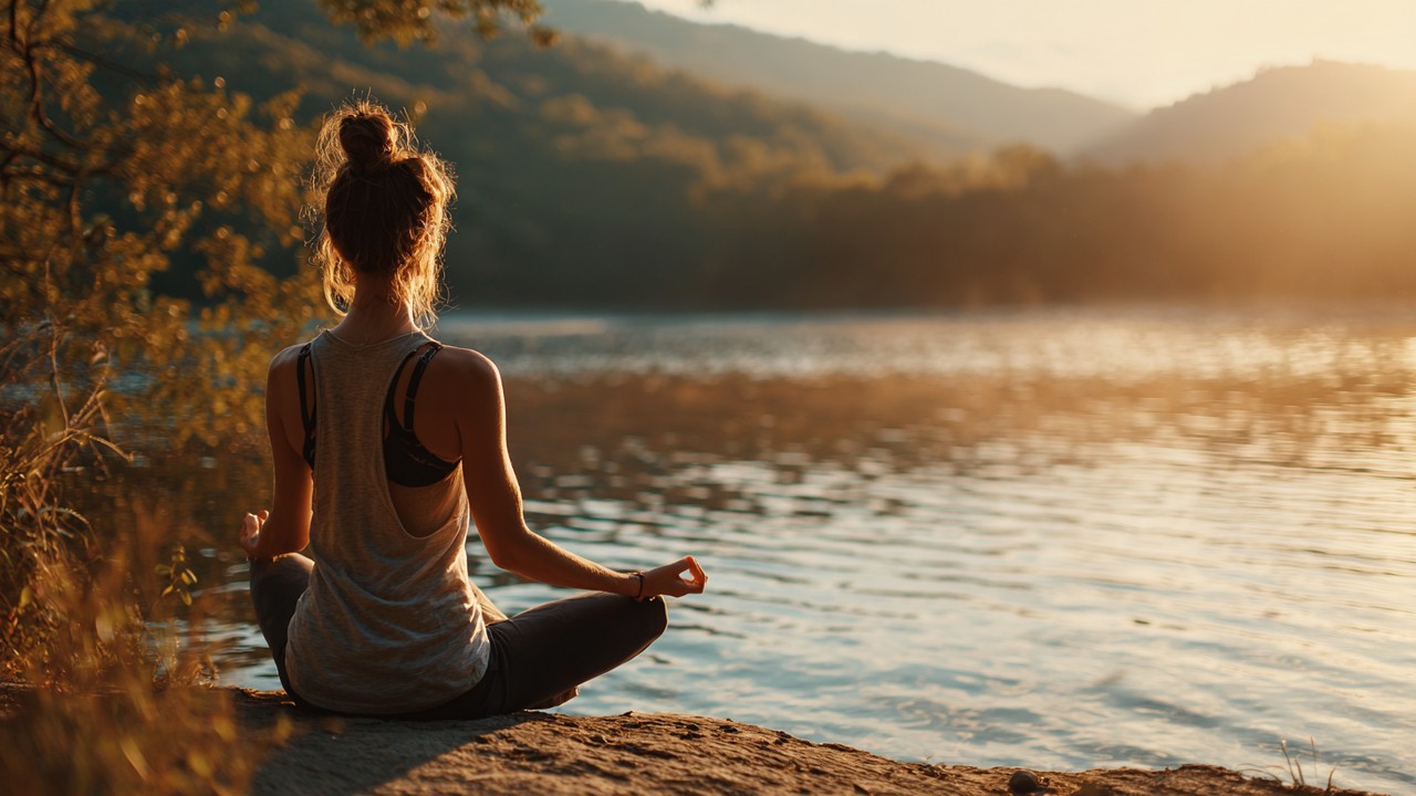 Sabah erken saatlerde doğal ortamda yoga yapan kişi, stres yönetimi ve sağlıklı hormon fonksiyonunu destekleyen sakin yaşam tarzı.